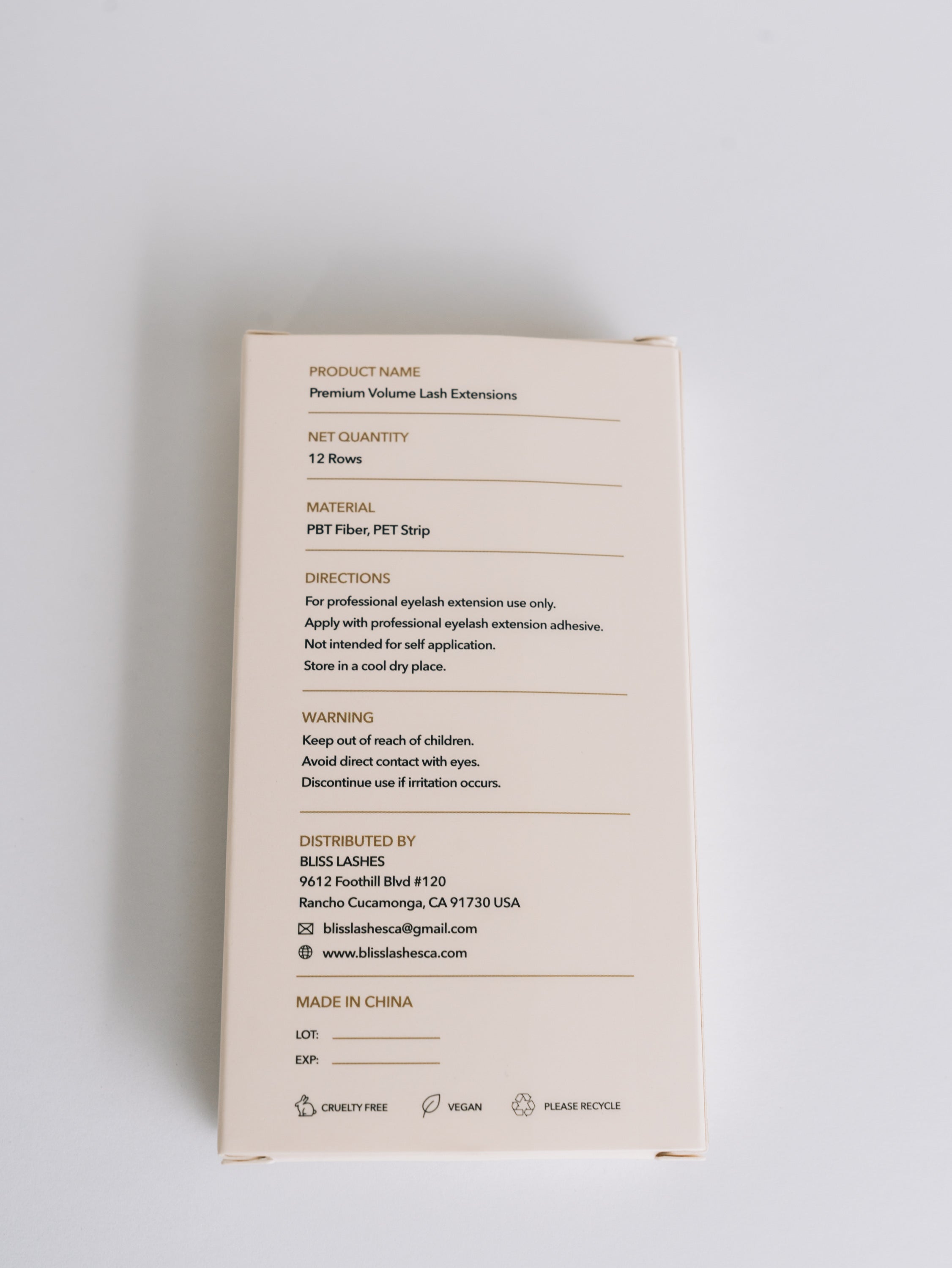 Back of Bliss Lashes Premium Volume Lash Extensions packaging